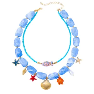 Collar de cuentas de doble capa estilo océano con colgantes de concha de estrella de mar