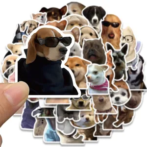 Cute dog meme stickers detail shot, waterproof vinyl animal graffiti decals pack for laptop.
