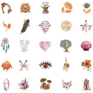 Boho aesthetic waterproof stickers set for luggage laptop guitar decoration, vibrant art decal pack.