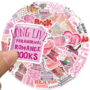 Pink bookish aesthetic stickers set, waterproof vinyl decal for laptop water bottle.
