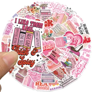 Pink bookish sticker detail showing romance book tropes and waterproof vinyl decal design features.