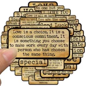 Vintage English quote waterproof stickers detail shot, aesthetic journaling stationery supply.