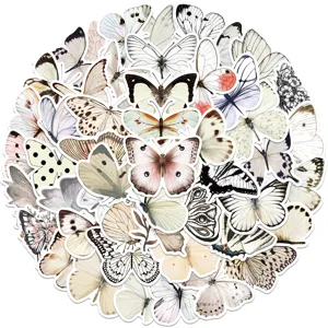 A detailed view of aesthetic butterfly stickers featuring watercolor designs for laptops and luggage.
