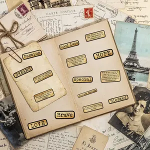 Vintage English words and phrases waterproof DIY decorative sticker detail close-up view.