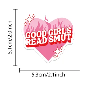 Pink bookish heart sticker close up showing size dimensions and funny text graphic design.
