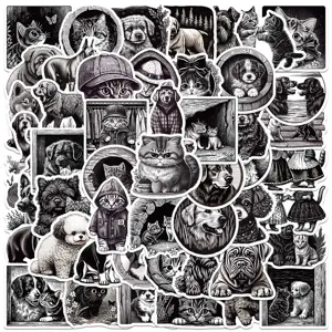 50 Pcs Black And White Vintage Engraved Animal Cartoon Graffiti Stickers For Luggage Laptop