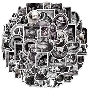50 pcs black and white vintage cat dog stickers waterproof vinyl decals for laptop luggage.