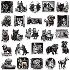 50 pcs black and white animal stickers retro sketch cat dog waterproof vinyl decal for luggage