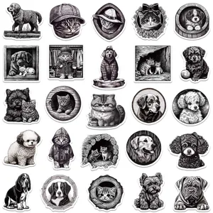 Black and white woodcut animal cartoon graffiti stickers, various cat and dog sticker details.
