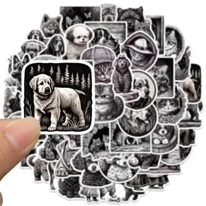 50pcs black and white vintage animal stickers, cute cat and dog cartoon decals for laptop.