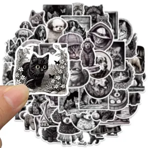 Retro black and white animal stickers set, vintage cat and dog illustration decals for laptop.