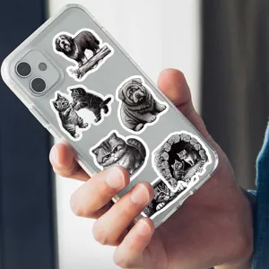 Black and white engraving style animal stickers, vintage cat and dog vinyl decals.