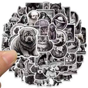 50 Pcs Black And White Animal Stickers Vintage Etching Style Cute Cat Dog Graffiti Decals