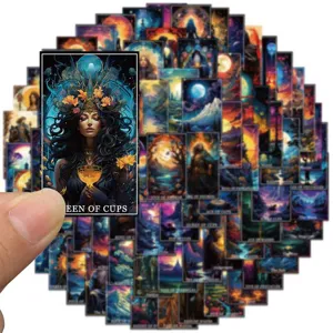 Detailed view of fantasy tarot card stickers showing intricate magical artwork and rich colors.