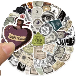 Gothic potion sticker detail showing vintage apothecary bottle designs for laptop and luggage.