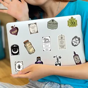 Gothic apothecary potion stickers detail, waterproof vinyl decal for laptop and luggage decor.