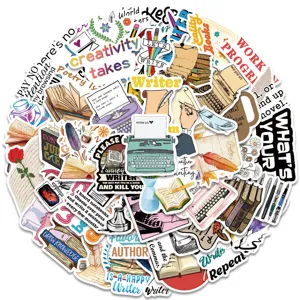 Detailed view of waterproof vintage writer stickers with literary quotes and books.