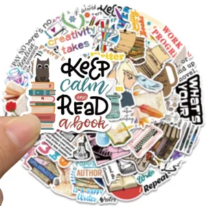 Detail shot of waterproof writer theme sticker featuring cute cat and inspiring book quote.