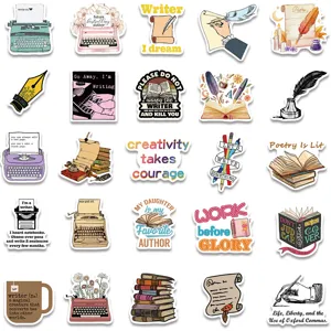 Writer themed waterproof sticker detail showing various literary quotes and cute typewriter designs.