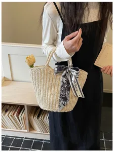 Borsa a cesto in paglia stile francese con fiocco in nastro, borsa mare casual estiva.