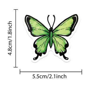 Green butterfly sticker detail view, waterproof decal showing product dimensions clearly.