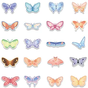 Closeup details of colorful cartoon butterfly stickers, ideal for laptop decors.