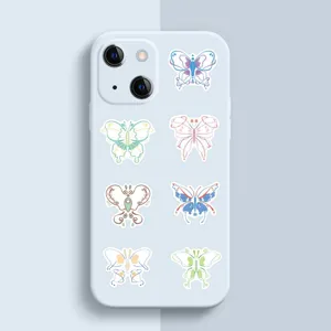 Detailed view of a pastel blue phone case featuring colorful minimalist butterfly art.