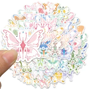 Close-up of colorful cartoon butterfly graffiti stickers showing vibrant colors and clear lines.