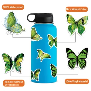 Waterproof green butterfly vinyl stickers for luggage, laptop, and water bottle decor.