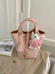 Women Fashion PU Leather Bucket Bag High End Casual Handbag Designer Style Tote Crossbody Bag with Lock and Pendant