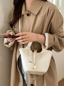 Women white leather bucket bag chic crossbody shoulder handbag casual tote purse for daily use