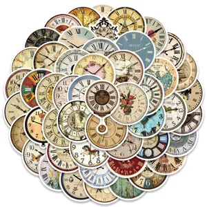 Vintage clock stickers pack 50 pcs retro decorative waterproof decals for luggage laptop.