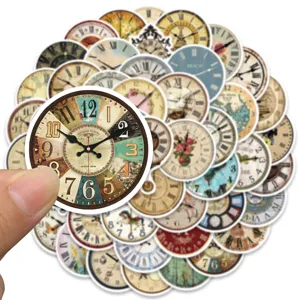 Vintage clock stickers 50pcs waterproof retro decorative decals for luggage laptop diary crafts.
