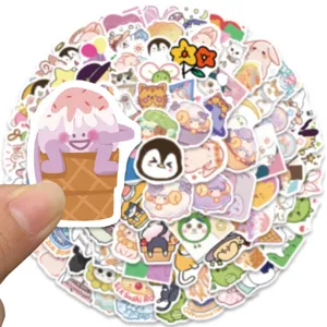 Close-up detail shot of cute cartoon ice cream sticker, aesthetic waterproof decorative decal.
