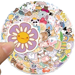 Close-up detail of cute cartoon aesthetic sticker, colorful waterproof vinyl decal design.