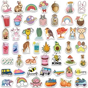 Detailed view of cute cartoon VSCO stickers assortment, perfect for decorating laptops and phones.