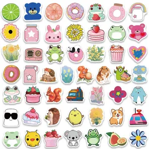 Cute cartoon stickers detail view, vibrant colorful waterproof decals for laptop decoration.