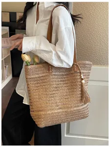 Borsa tote intrecciata in paglia donna borsa a spalla casual mare vacanza con manico in pelle