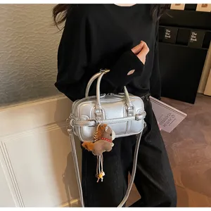 Korean style metallic silver handbag with cute horse charm, chic shoulder crossbody bag.