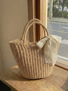 Borsa a Mano Tessuto di Paglia Vintage Francese Grande Capacità Vacanza al Mare Tote Bag Con Fiocco Nastro Casual Cesta Estate Donna