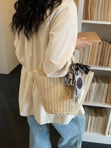 Borsa shopper in paglia intrecciata stile francese borsa mare estiva borsa a cestino con nastro