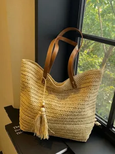 Borsa Tote in Paglia Tessuta da Donna Grande Borsa a Tracolla Casual per Vacanze al Mare Tinta Unita Elegante Borsa con Ciondolo Nappa