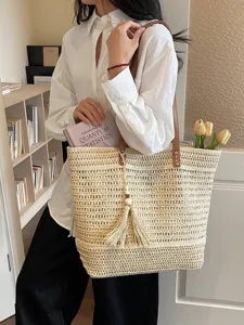 Borsa shopper in paglia intrecciata da donna, borsa a spalla casual da spiaggia con nappina, stile.