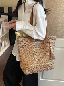 Borsa tote intrecciata in paglia da donna, borsa a spalla estiva casual con manico in pelle.