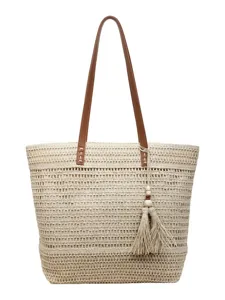 Borsa tote in paglia intrecciata da donna spiaggia vacanza casual tracolla beige minimalista.