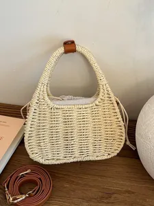 Dames Mode Stro Geweven Handtas Zomer Casual Kleine Tote Tas Chique Emmer Tas Strand Crossbody Tas Met Trekkoord