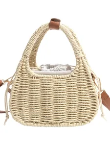 Chique geweven stro handtas voor dames, zomerse mode kleine emmertas met trekkoord voering.