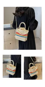 Straw woven bucket bag with colorful stripes and pearl chain for women summer fashion.
