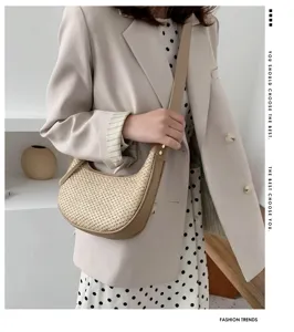 Spring summer straw woven shoulder bag fashionable underarm bag casual elegant handbag.