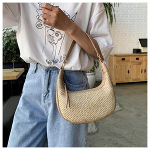 Chic straw hobo shoulder bag for women, crescent summer woven purse with beige leatherette trim.